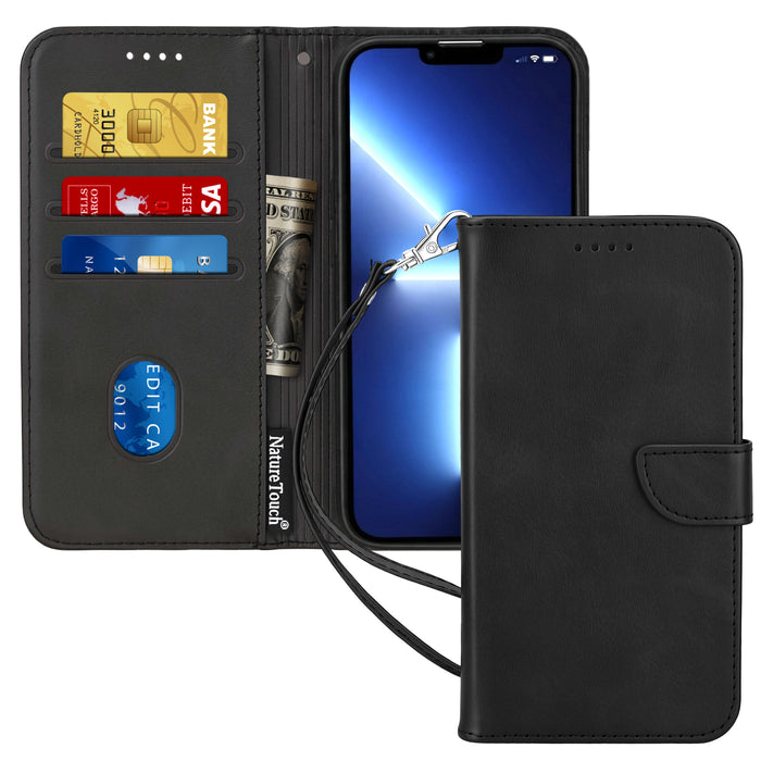 NatureTouch Leather Phone Case with Card Holder - Built-in Screen Protector Military Grade Shockproof Dropproof - Black