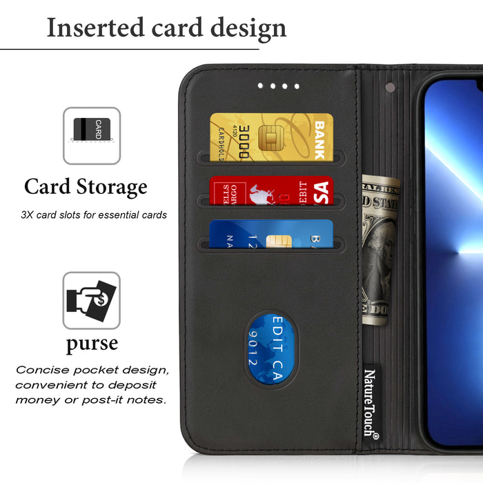 NatureTouch Leather Phone Case with Card Holder - Built-in Screen Protector Military Grade Shockproof Dropproof - Black
