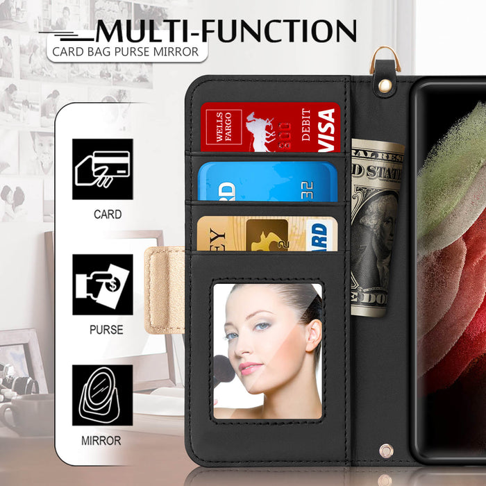 [Romantic Carved Flower] Samsung Galaxy S21 Ultra 5G 6.8" Wallet Case - fyystore
