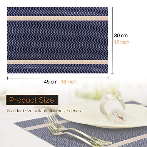 FYY Placemats, Placemats for Dining Table, Washable PVC Table Mats Durable Woven Vinyl Kitchen Table Mats Set of 6, Blue