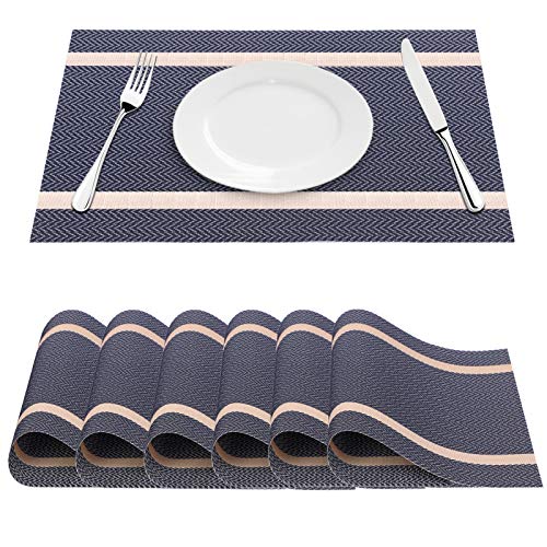 FYY Placemats, Placemats for Dining Table, Washable PVC Table Mats Durable Woven Vinyl Kitchen Table Mats Set of 6, Blue