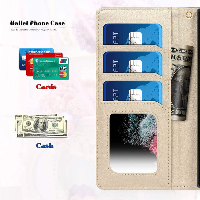Galaxy S22 Ultra 5G Leather Wallet Case with Mirror and Wrist Strap