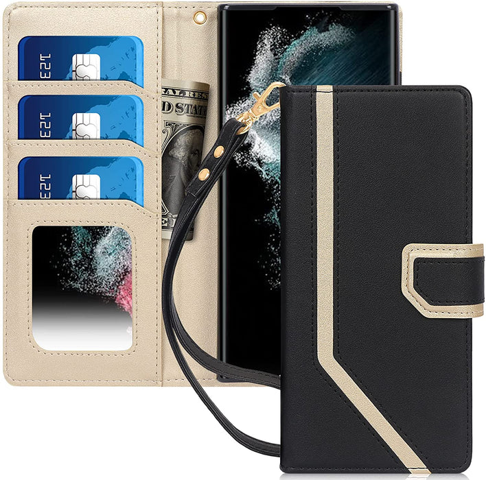 Galaxy S22 Ultra 5G Leather Wallet Case with Mirror and Wrist Strap