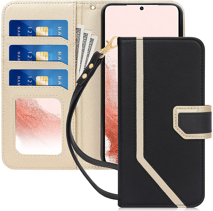 Galaxy S22+ Plus 5G Leather Wallet Case with Mirror and Wrist Strap
